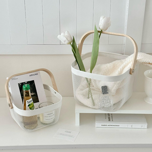 Panier à fruits en fil métallique pour pique-nique, panier de rangement moderne en métal avec poignée en bois – Offre Spéciale - Product Image 3