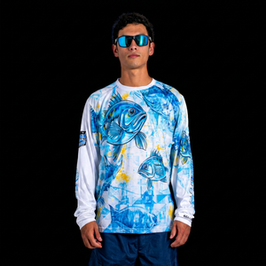 Men's Long Sleeve Fishing <b>Shirt</b> Sublimation Print Blue <b>Fish</b> Pattern UPF 50 Anti-Uv Protection Pullover Top - Product Image 1