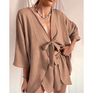2025 nuova vestaglia Sexy Cardigan e Shorts <span class=keywords><strong>pigiama</strong></span> tinta unita indossano completi da donna - Product Image 5