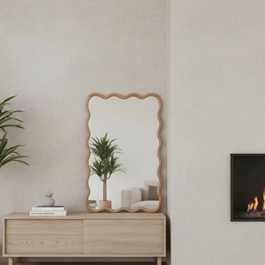 Natural Wood Color 20x30 Wavy <b>Rectangle</b> Solid Wood Frame Decorative <b>Mirror</b> <b>For</b> Bedroom Bathroom Living Room Entryway - Product Image 4