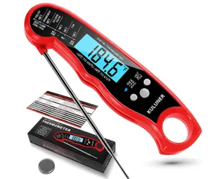Thermomètre à viande à lecture instantanée numérique étanche de couleur rouge avec rétroéclairage et fonction d'étalonnage de sonde pliante pour la cuisson des aliments