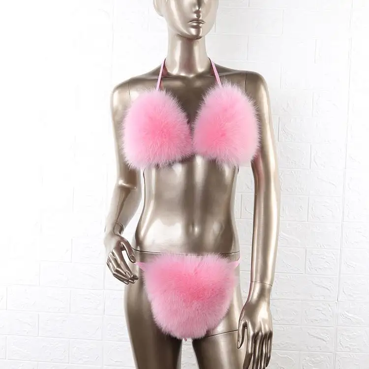 hot sale fluffy women fur bra top ladies summer fashion real fox fur bikini