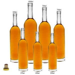 Premium özelleştirilmiş 1000ml, 750ml, 700ml, 500ml, 375ml, 250ml, 200ml cam mantarlı şişe/likör fantezi votka cam şişe