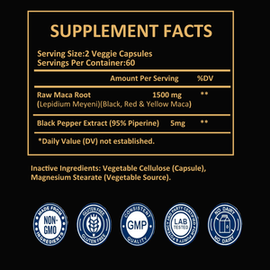 Capsules de racine de maca OEM 1500 mg Extra Strength - Mélange de maca noire, rouge et jaune, soutient la vitalité et l'humeur équilibrée - Complément alimentaire - Product Image 2