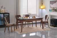Table à manger extensible contemporaine robuste avec plateau en pierre frittée et pieds en bois de caoutchouc massif, table à manger 4 places