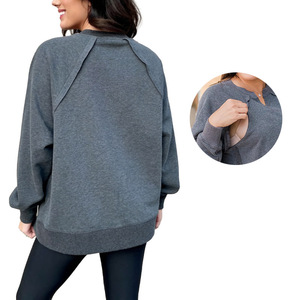 Felpa Oversize in Pile Spandex/Cotone per Allattamento Grigio Scuro con Cuciture a Vista, Top <span class=keywords><strong>Premaman</strong></span> Traspirante con Cerniere Oblique Nascoste - Product Image 2