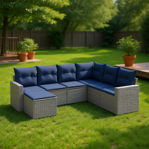 Conjunto de sofás de patio de ratán sintético gris con cojines, 7 piezas, muebles de jardín para exteriores, diseño contemporáneo - Product Image 2