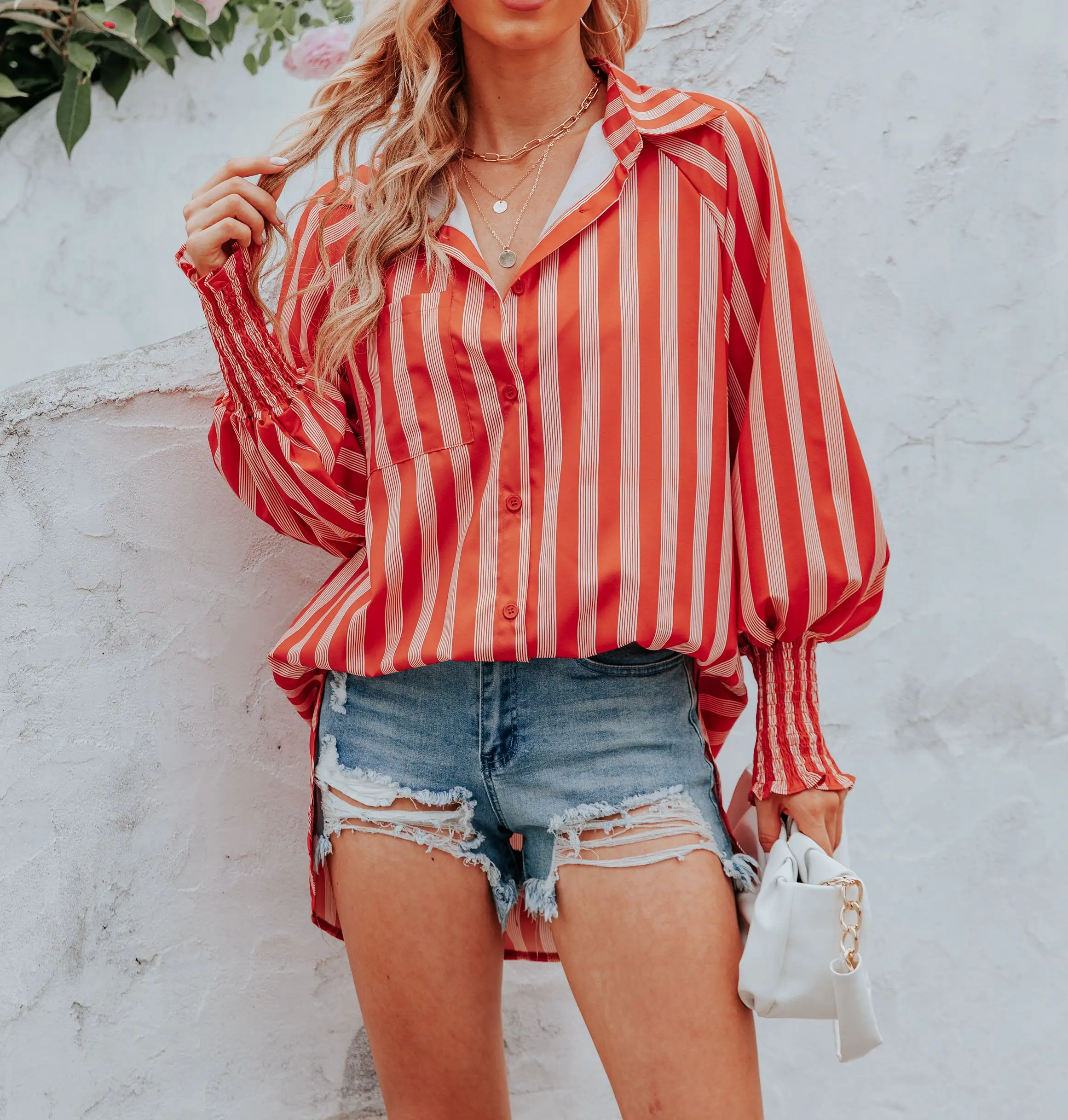 Top Selling 2023 Spring Summer Ladies Tops Button Down Fashion Casual Striped Top Shirts Women Long Sleeve Blouses