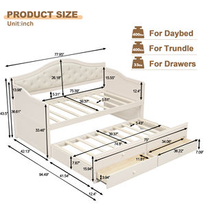 Tempat Tidur Ganda Ukuran Trundle dengan 2 Laci Penyimpanan, Sofa Kayu Berlapis Kain dengan Sandaran Berumbai Kancing, untuk Ruang Tamu, Kamar Tidur, dan Kamar Tamu - Product Image 3