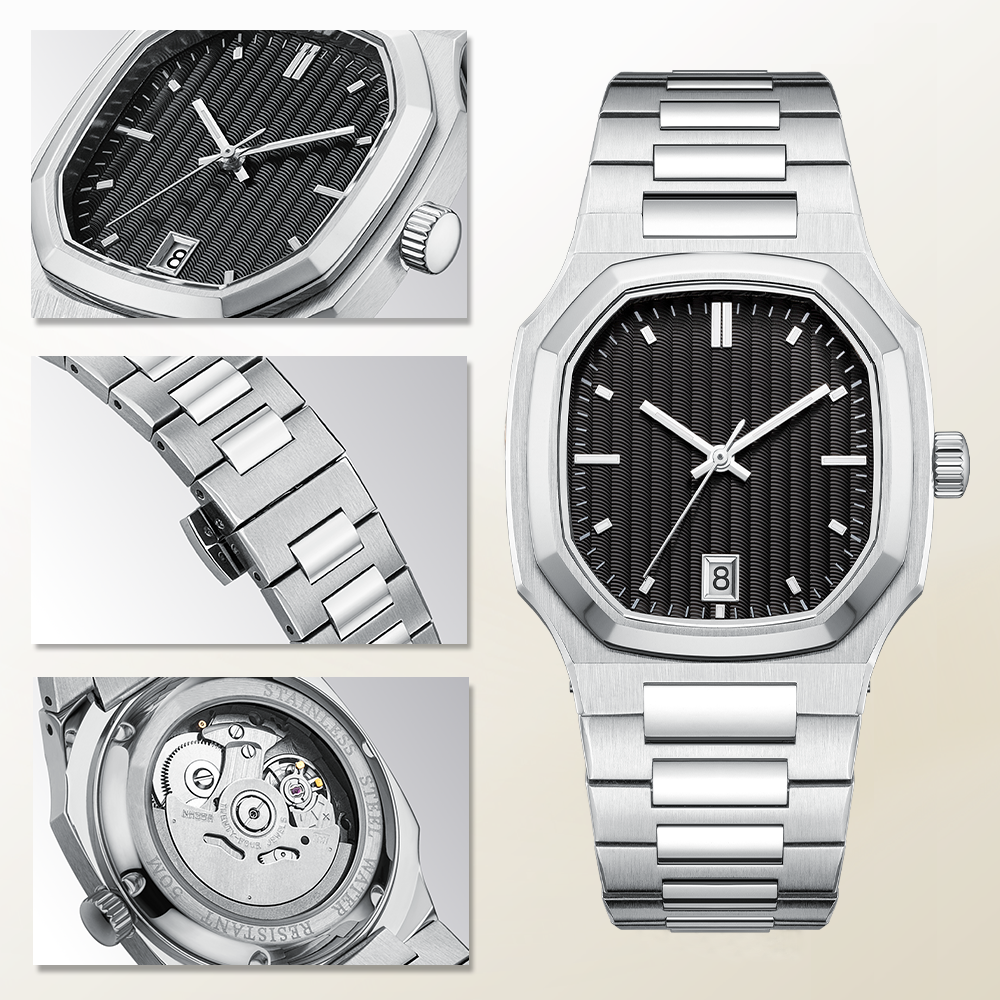 silver mechanical watch with a black dial