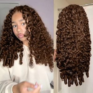 Perruques mi-longues 3-<span class=keywords><strong>en</strong></span>-1 brun chocolat, bouclées birmanes, avec ligne de cheveux invisible, sans colle, <span class=keywords><strong>en</strong></span> cheveux humains, perruque sans couture à porter sur le côté - Product Image 1