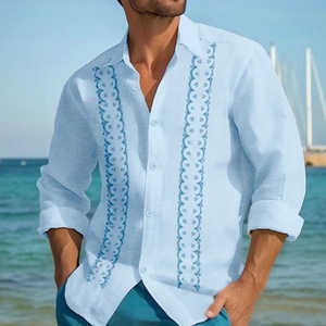 Chemise décontractée à manches longues pour <span class=keywords><strong>homme</strong></span>, style rétro médiéval des années 80, chemise hawaïenne à rayures avec revers, haut imprimé tendance à boutons - Product Image 2