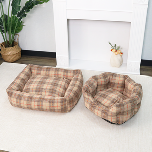 Petopia cama de algodón de lujo para mascotas para perros pequeños nuevo estilo a cuadros con patrón sólido cama redonda marrón clásica moderna embalada en cartón - Product Image 4