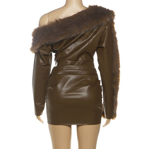 Autumn Winter New Style One-Shoulder <b>Fur</b> Collar Leather Sexy Bodycon Dress for Women Fashion - Product Image 5