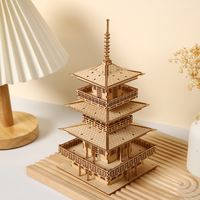 Vente en gros de puzzles en bois 3D, modèle de pagode à trois étages, puzzles en bois 3D DIY pour adultes, architecture ancienne asiatique, kit d'assemblage artisanal
