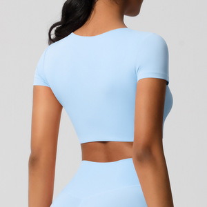 <span class=keywords><strong>Top</strong></span> de Yoga de manga corta Sexy de verano para <span class=keywords><strong>Mujer</strong></span>, camiseta recortada de entrenamiento ajustada, Tops cortos Para <span class=keywords><strong>Mujer</strong></span>, para <span class=keywords><strong>Mujer</strong></span> Tops, gimnasio - Product Image 4