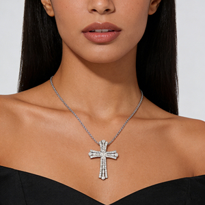 CUSTOM SILVER 10K/14K/18K GOLD PLATED LAB GROWN CVD DIAMOND CLASSIC ENGAGEMENT GIFT SWEATER <b>CHAIN</b> NECKLACE <b>CROSS</b> PENDANT - Product Image 5