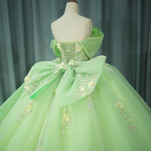 Para 6817 bordado antiestático brillo 3D flor verde arco Quinceañera vestidos hinchados para dulces 16 niñas - Product Image 6