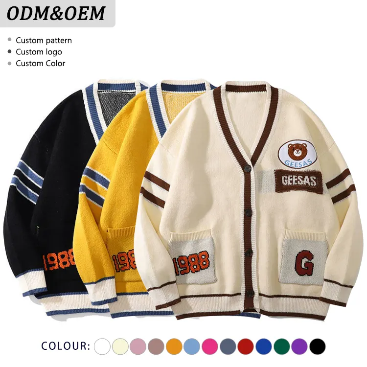 Cárdigans universitarios de punto a la moda con logotipo personalizado bordado, ropa de calle para hombre, cárdigan de lana Varsity Letterman, suéter para hombre