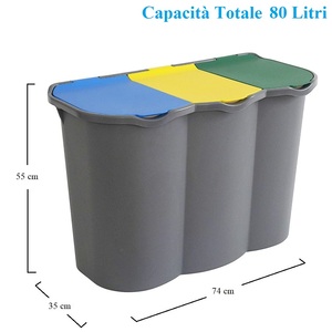 Triple Compartment Waste <b>Bin</b> 80L 74x35x55 Cm With Bag Holders For Recycling - Product Image 2