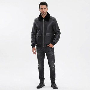 Wholesale US Size <b>Men's</b> Genuine <b>Leather</b> Stand Collar Autumn Varsity <b>Jacket</b> Front Logo Breathable Coated Fabric Vintage Style - Product Image 1