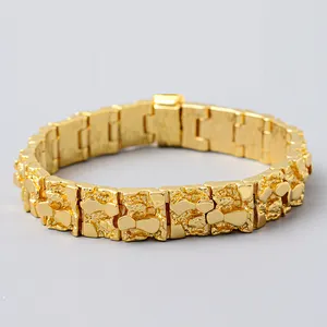 Wholesale Mens Watchband Bracelet 18k Gold Plated Chunky Nugget Textured Link Bracelet For Men And Women