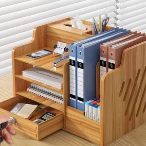 Wooden Office File Rack Multi Tier <b>Desktop</b> Organizer Storage <b>Shelf</b> For Stationery And Books With Drawer And Tissue Box - Product Image 1