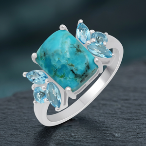 Anillo de Plata de Ley 925 con Turquesa Azul Natural y Topacio Azul en Forma de Flor, Estilo Clásico, Joyería para Mujer, Anillo de Boda - Product Image 2
