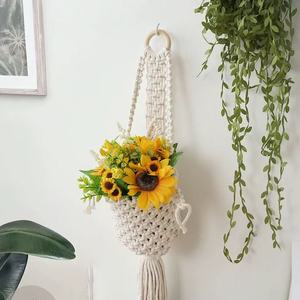 Porte-fleurs suspendu en macramé bohème avec anneau en bois, panier mural en corde de coton fait à la main pour fleurs séchées et artificielles, décoration intérieure - Product Image 1