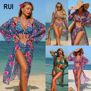 RUIQUWIN OEM Bikini de 3 Piezas con Estampado de Leopardo Sexy para Mujer, Traje de Baño de Malla Transpirable de Manga Larga de Secado Rápido para Vacaciones - Product Image 1
