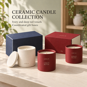Bougie parfumée en céramique Aikun coordonnée ivoire et rouge profond 100g avec mèche unique, récipient mat et coffret cadeau pour la gamme de parfums d'ambiance - Product Image 1