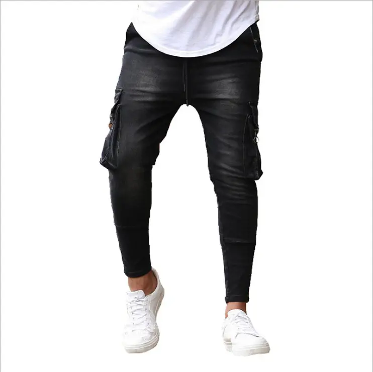 2020 pantalon denim vintage slim à grandes poches pour hommes, nouveau style, pantalon streetwear avec corde, vintage, jean slim
