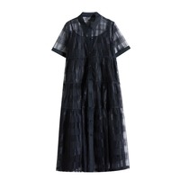 Nouvelle Robe Chemise en Organza Chic Française pour l'Été 2026, Ensemble 2 Pièces Ample et Superposé, Grande Taille, Robe Longue Noire pour Femme