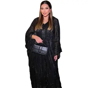 2023 Eid Modellen Moslim Abaya Mode Jurk Zwart Gewaad Glanzende Jacquard 2 Delige Abaya Set Voor Moslim Vrouwen