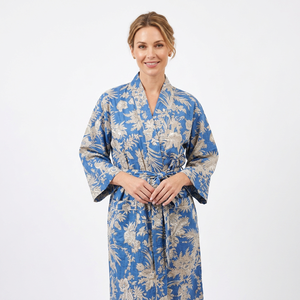 Camisón Kimono de Lujo 100% Algodón con Cuello en V y Cordón Ajustable para Mujer, Transpirable y Ecológico con Estampado Floral - Product Image 1