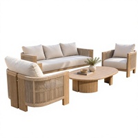Ensemble de canapés de patio modernes en corde tressée avec table basse ovale en teck, mobilier de salon d'extérieur