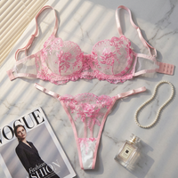 Conjunto de lencería sexy y cómoda de encaje con bordado 3D y control ligero, de malla transparente, para mujer, talla grande, con sujetador y tanga, al por mayor