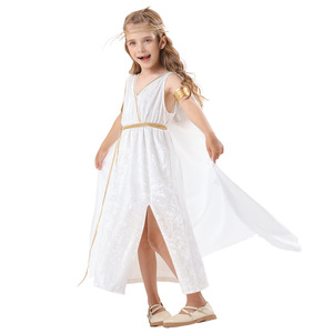 Disfraz de Diosa Griega, Vestido Largo para Niñas, Ropa para Actuaciones Escénicas, Blanco con Adornos Dorados - Product Image 4