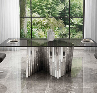 Table à manger en verre trempé de style français, design artistique, base en acier inoxydable poli en forme de vague, luxe moderne, transparente