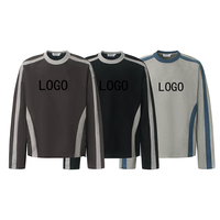 OEM ODM Pria Sweatshirt Lengan Panjang Bahan Suede Imitasi Kerah Bulat Garis Samping Melengkung Warna Biru Kontras Raglan Vintage Color Block