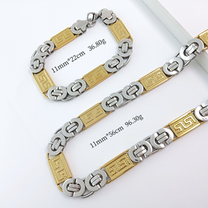 Conjunto de Joyería para Hombre en Acero Inoxidable, Brazalete Bizantino y Collar Plateado con Baño de Oro de 18k, Dos Tonos, Estilo <span class=keywords><strong>Cubano</strong></span> Grande - Product Image 3