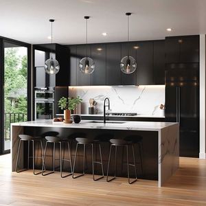 Venta al por mayor de gabinetes de cocina modulares para proyectos de construcción de madera maciza, madera contrachapada, mármol, incluye fregadero contra salpicaduras, proveedor a granel para el hogar - Product Image 2