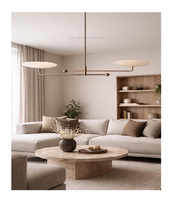 Lustre linéaire moderne du milieu du siècle, en laiton antique, double disque, luminaire de plafond minimaliste, 2 lumières, style italien - Product Image 1