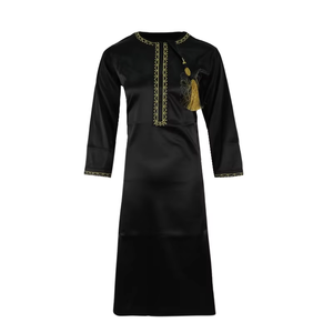 Abaya Traditionnelle Arabe Musulmane Personnalisable en Satin Noir pour Filles, Broderie Dorée, Pompon sur l'Épaule, Élégante Robe <span class=keywords><strong>de</strong></span> Prière Islamique - Product Image 1