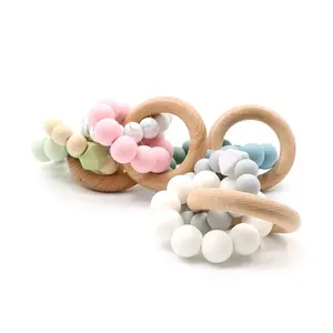 Silicone Beads Natural Wooden Teething Circle Ring Rattle Baby Teething Bracelet