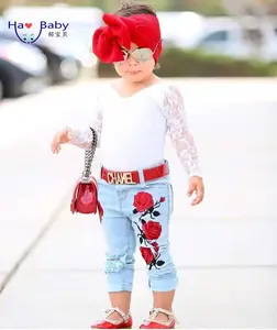 Hao Baby High Quality Children Wear Lace Flower Jacket Woven Hole Denim Embroidered Rose Pants Casual Girl Clothes Set