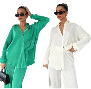 Customized Fashion Green White Chiffon Pleated Oversized Shirt Wide Leg Pant Women Solid Casual Shirt Set