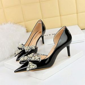 Talons, talons fins, chaussures pour femmes, <span class=keywords><strong>bouche</strong></span> peu profonde, côté pointu, épissage évidé, chaussures de dame à la mode avec nœud en strass - Product Image 5