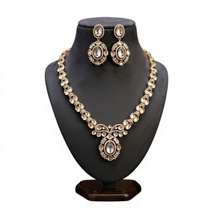 Ensemble de collier vintage plaqué or avec pierres ovales taillées, design floral, pour femmes, bijoux de mariage - Product Image 1