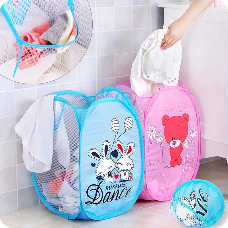 Cartoon Pattern Folding Laundry Basket Kids Dirty Clothes Mesh Laundry Foldable Storage Basket